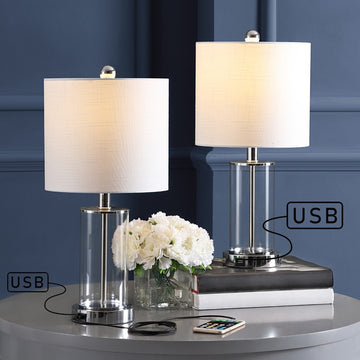 Abner 21" Glass Modern Contemporary USB Charging LED Table Lamp - JONATHAN Y